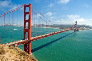 The Golden Bridge in San Francisco with beautiful azure ocean in background